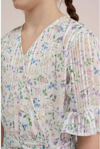 WE Fashion gebloemde jurk ecru Meisjes Gerecycled polyester V-hals Bloemen 92 - Foto 2