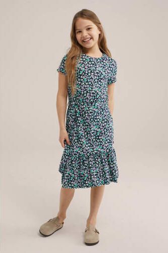 WE Fashion gebloemde jurk multi Blauw Meisjes Stretchkatoen Ronde hals 110 116