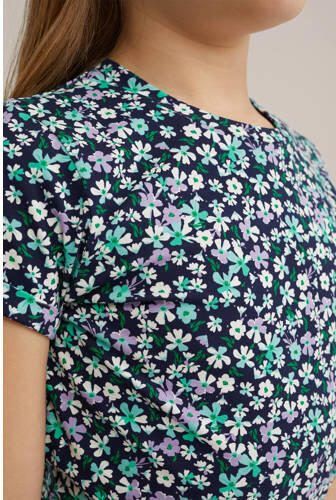 WE Fashion gebloemde jurk multi Blauw Meisjes Stretchkatoen Ronde hals 110 116 - Foto 2