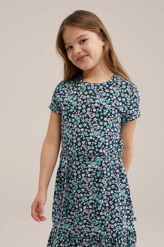 WE Fashion gebloemde jurk multi Blauw Meisjes Stretchkatoen Ronde hals 110 116 - Foto 3