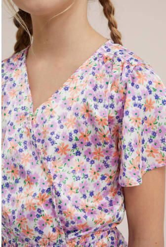 WE Fashion gebloemde jurk roze paars oranje Multi Meisjes Polyester V-hals 110 116