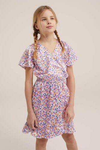WE Fashion gebloemde jurk roze paars oranje Multi Meisjes Polyester V-hals 110 116 - Foto 2