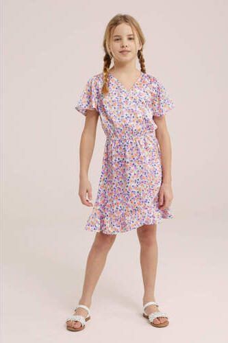 WE Fashion gebloemde jurk roze paars oranje Multi Meisjes Polyester V-hals 110 116 - Foto 3