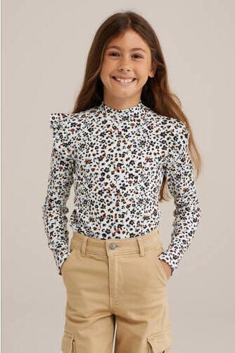 WE Fashion gebloemde longsleeve offwhite blauw Ecru Meisjes Stretchkatoen Ronde hals 110 116 - Foto 2