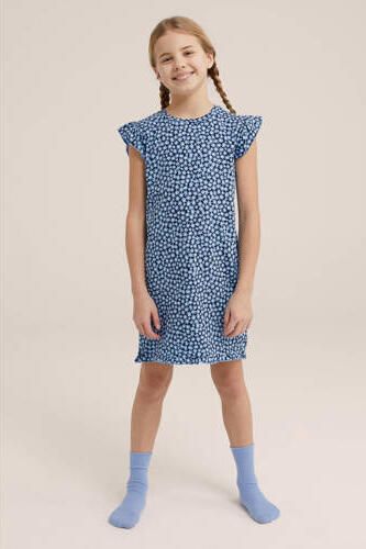 WE Fashion gebloemde nachthemd blauw Meisjes Stretchkatoen Ronde hals Bloemen 110 116