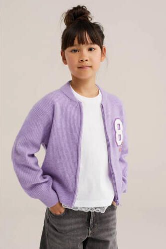 WE Fashion gebreid vest met patches en wol lila Paars Meisjes Polyester Opstaande kraag - Foto 3