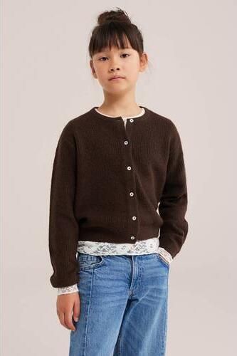 WE Fashion gebreid vest met wol donkerbruin Meisjes Polyester Ronde hals