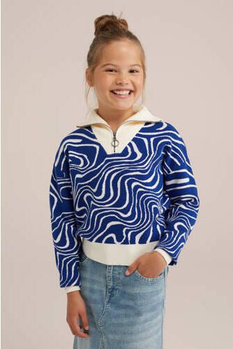 WE Fashion gebreide trui blauw Meisjes Viscose Opstaande kraag All over print 110 116 - Foto 2