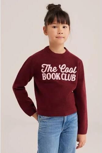 WE Fashion gebreide trui met tekst donkerrood Meisjes Acryl Ronde hals