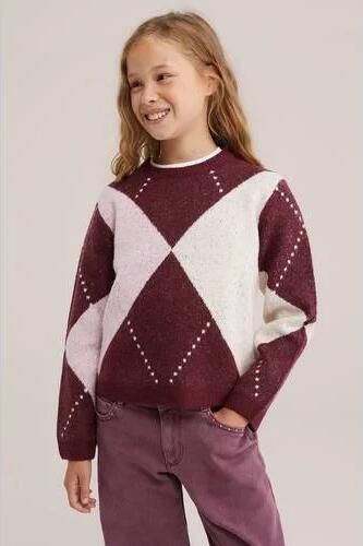 WE Fashion gebreide trui met wol donkerrood roze wit Meisjes Polyester Ronde hals