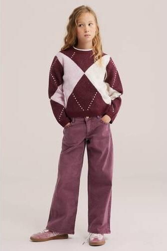 WE Fashion gebreide trui met wol donkerrood roze wit Meisjes Polyester Ronde hals - Foto 2