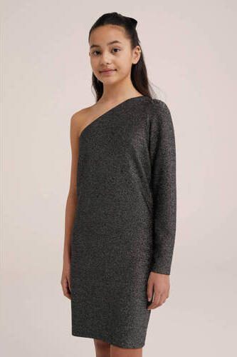 WE Fashion gemêleerde bodycon jurk zilver zwart Meisjes Viscose One shoulder 134 140 - Foto 2