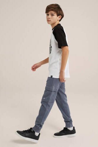 WE Fashion gemêleerde slim fit joggingbroek blauw Jongens Katoen Melée 104