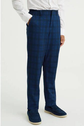 WE Fashion geruite slim fit broek donkerblauw Jongens Polyester Ruit 104