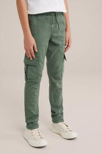 WE Fashion geruite slim fit cargobroek olijf groen Jongens Stretchkatoen 176