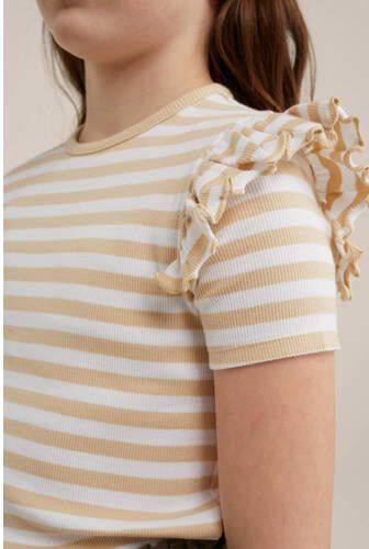 WE Fashion gestreept T-shirt beige Meisjes Katoen Ronde hals Streep 110 116