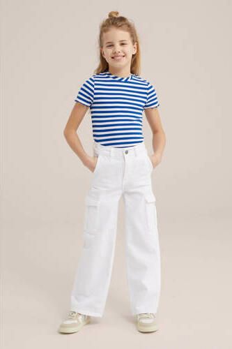 WE Fashion gestreept T-shirt blauw Meisjes Stretchkatoen Ronde hals Streep 110 116