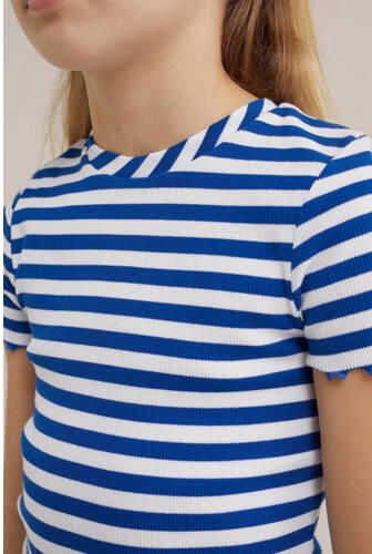 WE Fashion gestreept T-shirt blauw Meisjes Stretchkatoen Ronde hals Streep 110 116 - Foto 2