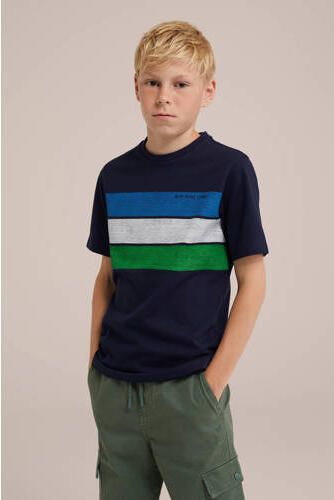 WE Fashion gestreept T-shirt donkerblauw blauw groen Jongens Katoen Ronde hals 146 152
