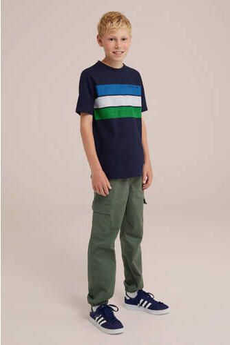 WE Fashion gestreept T-shirt donkerblauw blauw groen Jongens Katoen Ronde hals 146 152 - Foto 3