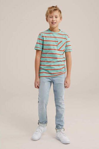 WE Fashion gestreept T-shirt mintblauw rood Jongens Katoen Ronde hals Streep 110 116 - Foto 3