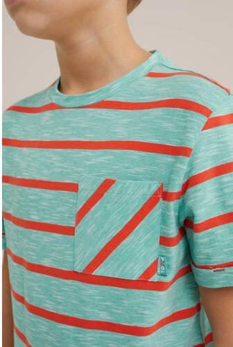 WE Fashion gestreept T-shirt mintblauw rood Jongens Katoen Ronde hals Streep 110 116 - Foto 2
