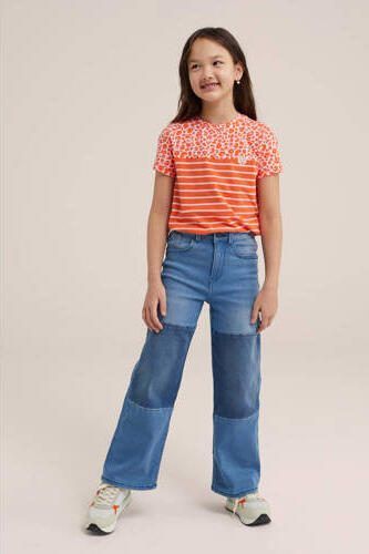 WE Fashion gestreept T-shirt oranje Meisjes Stretchkatoen Ronde hals Streep 110 116 - Foto 3