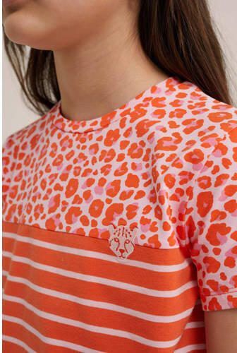 WE Fashion gestreept T-shirt oranje Meisjes Stretchkatoen Ronde hals Streep 110 116 - Foto 2