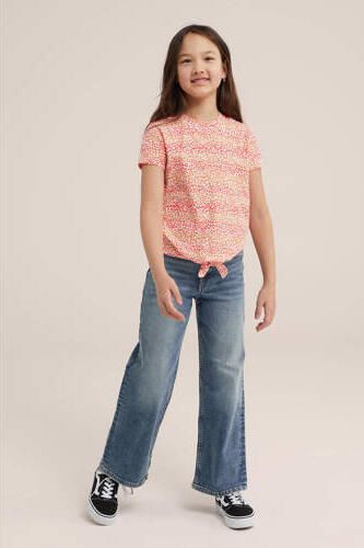 WE Fashion gestreept T-shirt oranje rood Meisjes Stretchkatoen Ronde hals 110 116 - Foto 3