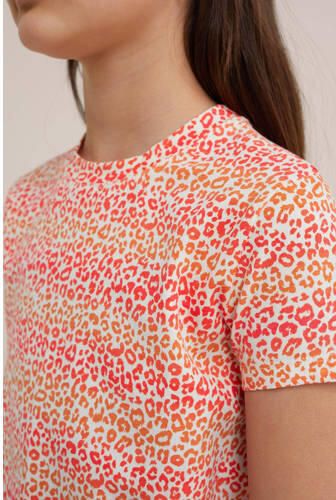 WE Fashion gestreept T-shirt oranje rood Meisjes Stretchkatoen Ronde hals 110 116 - Foto 2