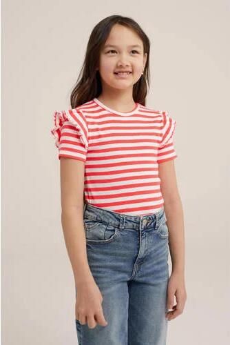 WE Fashion gestreept T-shirt rood wit Meisjes Polyester Ronde hals Streep 110 116 - Foto 2