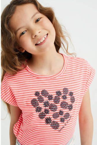 WE Fashion gestreept T-shirt roze Meisjes Katoen Ronde hals Streep 110 116 - Foto 2