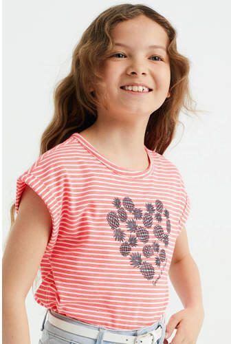 WE Fashion gestreept T-shirt roze Meisjes Katoen Ronde hals Streep 110 116 - Foto 3