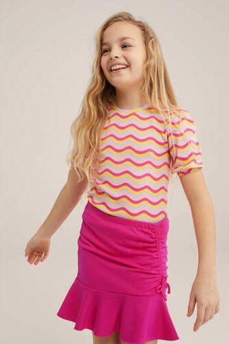 WE Fashion gestreept T-shirt roze Meisjes Stretchkatoen Ronde hals Streep 110 116 - Foto 2