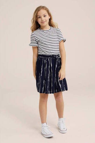WE Fashion gestreepte jurk blauw wit Meisjes Stretchkatoen Ronde hals Streep 110 116 - Foto 3