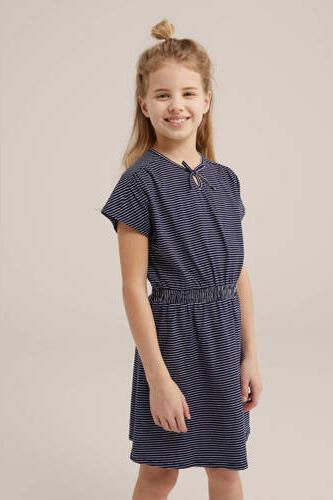 WE Fashion gestreepte jurk donkerblauw Meisjes Stretchkatoen Ronde hals 110 116