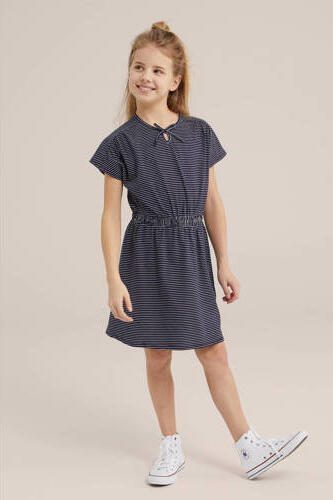 WE Fashion gestreepte jurk donkerblauw Meisjes Stretchkatoen Ronde hals 110 116 - Foto 3