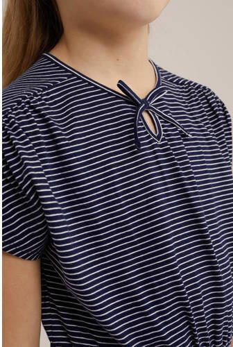 WE Fashion gestreepte jurk donkerblauw Meisjes Stretchkatoen Ronde hals 110 116 - Foto 2