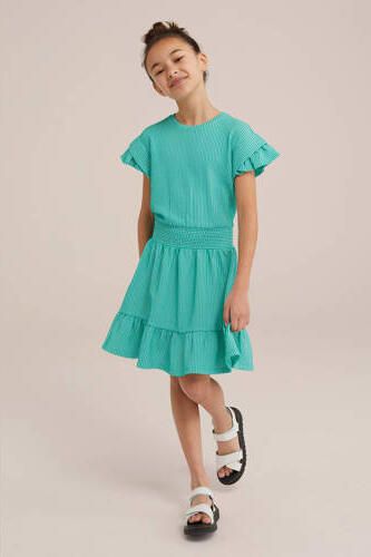 WE Fashion gestreepte jurk zeegroen Meisjes Stretchkatoen Ronde hals Streep 158 164 - Foto 3