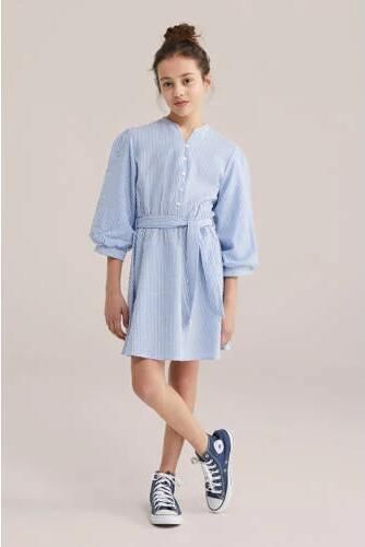WE Fashion gestreepte korte jurk blauw Meisjes Katoen V-hals Streep