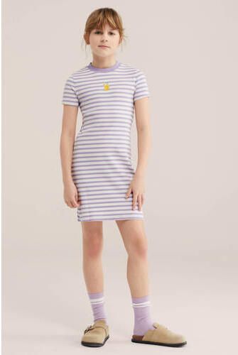WE Fashion gestreepte korte jurk paars Meisjes Stretchkatoen Ronde hals