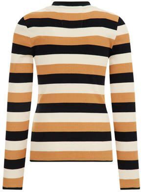 WE Fashion gestreepte longsleeve camel offwhite bruin Meisjes Stretchkatoen Opstaande kraag 110 116