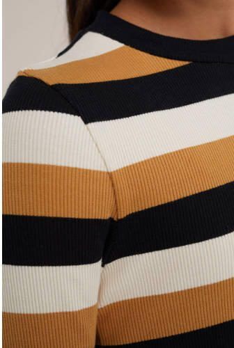 WE Fashion gestreepte longsleeve camel offwhite bruin Meisjes Stretchkatoen Opstaande kraag 110 116 - Foto 2