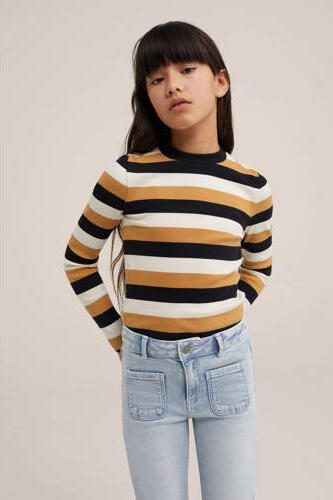 WE Fashion gestreepte longsleeve camel offwhite bruin Meisjes Stretchkatoen Opstaande kraag 110 116 - Foto 3