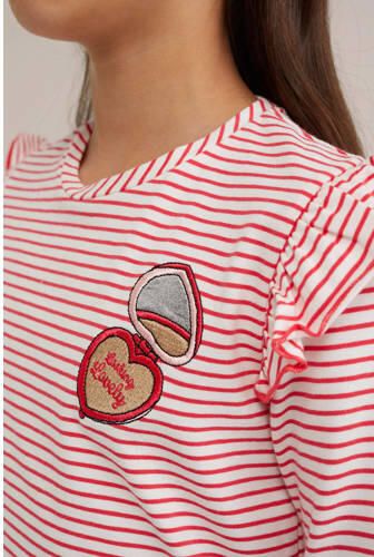 WE Fashion gestreepte longsleeve felroze wit Meisjes Stretchkatoen Ronde hals 110 116