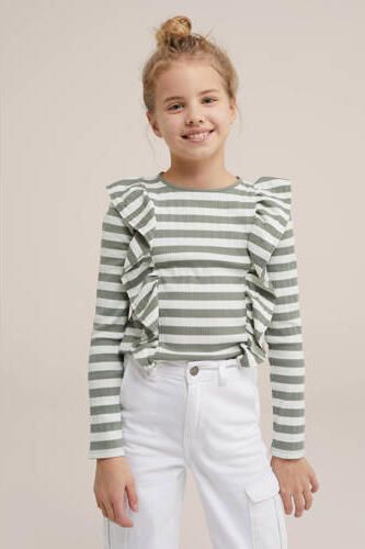 WE Fashion gestreepte longsleeve grijs wit Meisjes Katoen Ronde hals Streep 110 116