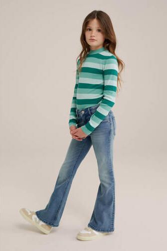WE Fashion gestreepte longsleeve groen Meisjes Katoen Opstaande kraag Streep 146 152