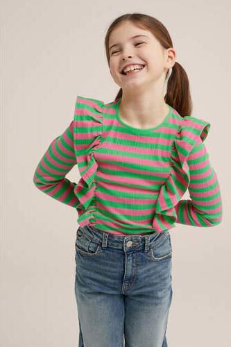 WE Fashion gestreepte longsleeve groen roze Multi Meisjes Katoen Ronde hals 110 116 - Foto 2