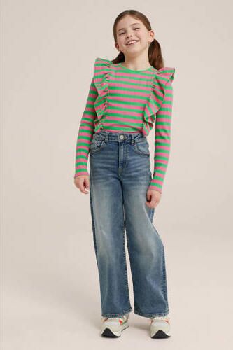 WE Fashion gestreepte longsleeve groen roze Multi Meisjes Katoen Ronde hals 110 116 - Foto 3