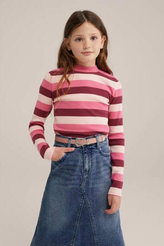 WE Fashion gestreepte longsleeve roze donkerroze Meisjes Katoen Opstaande kraag 110 116